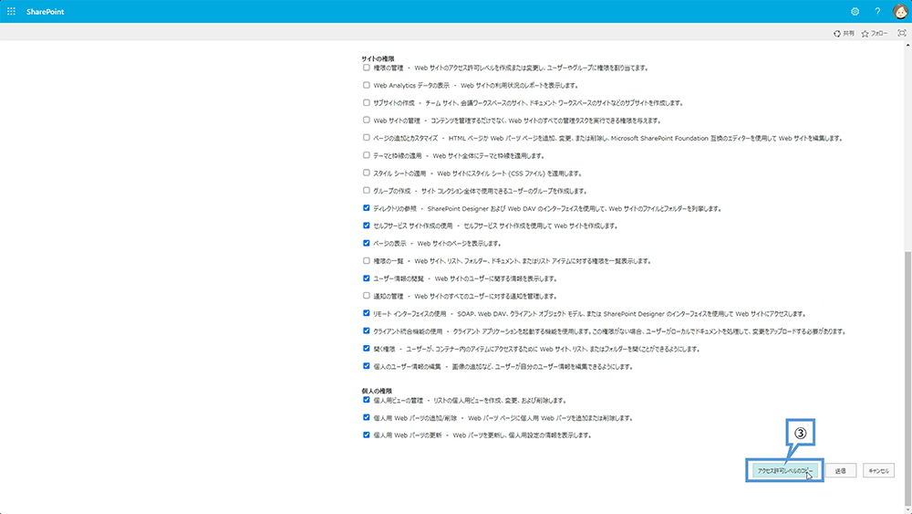 SharePoint アクセス許可レベル